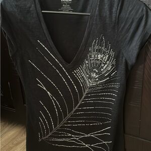 Express Black V-Neck Top with Silver Feather Design